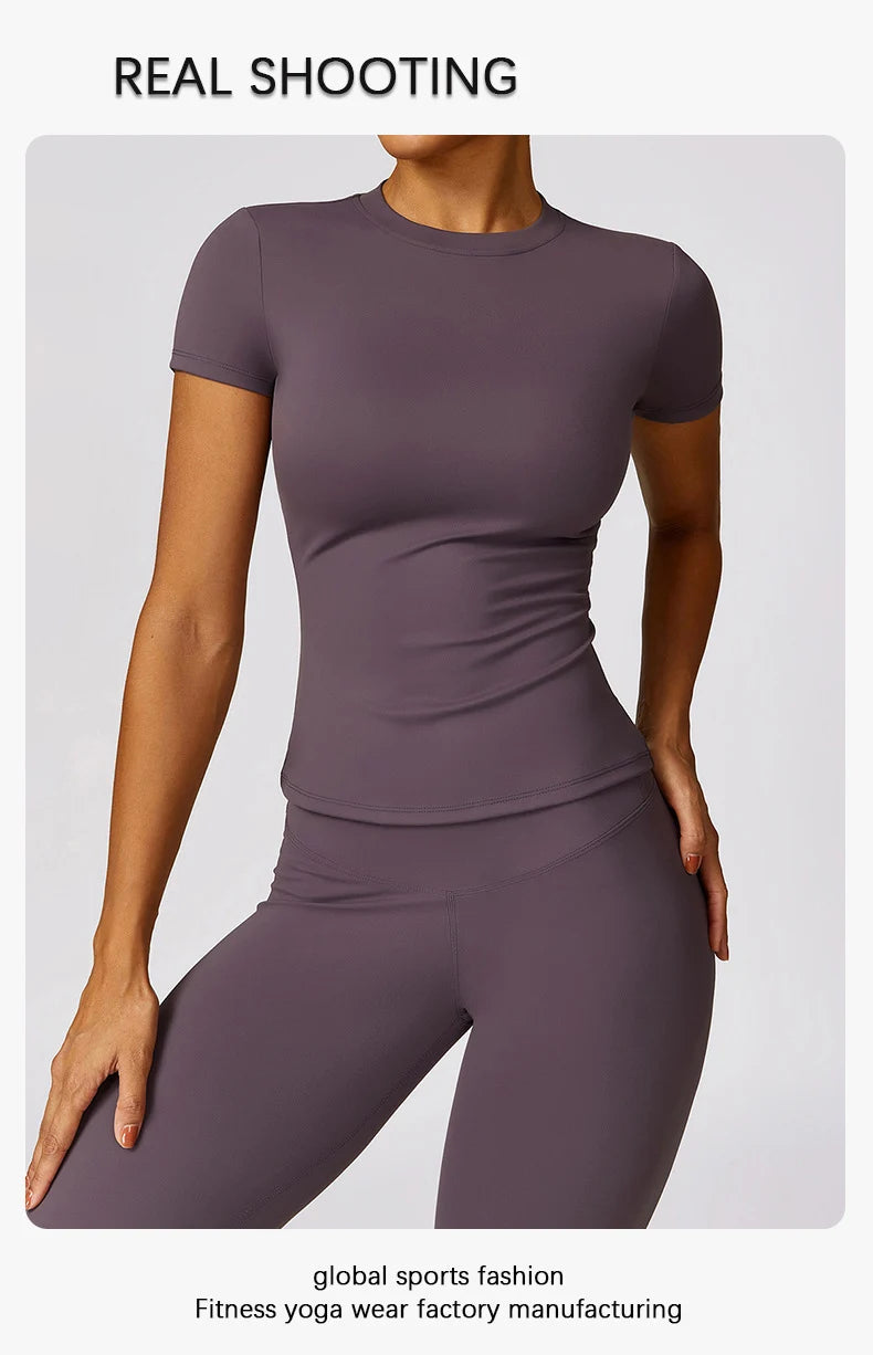 Damen-Sport-T-Shirt, Sommer, kurzärmelig, Laufen, Rundhalsausschnitt, atmungsaktiv, dehnbar, Fitnessstudio, Yoga, schlank, Fitness, aktives Top-T-Shirt