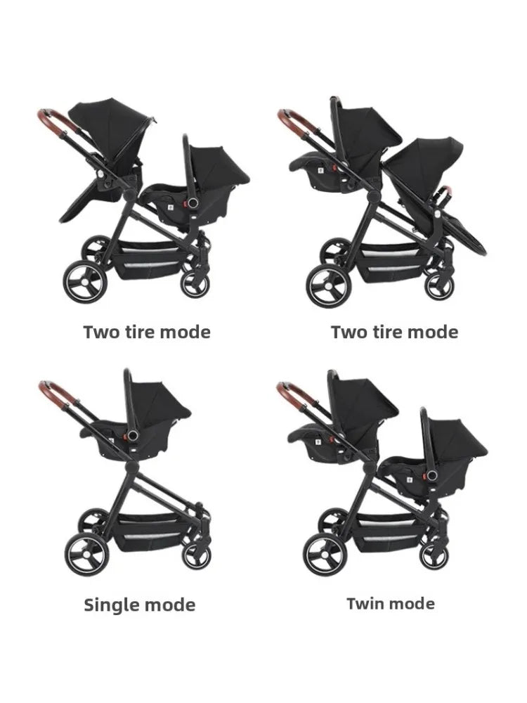 3-in-1-Kinderwagen für Zwillinge mit Autositz. Leichter, kleiner, gefalteter Handgepäck-Kinderwagen, multifunktionale Kinderwagen