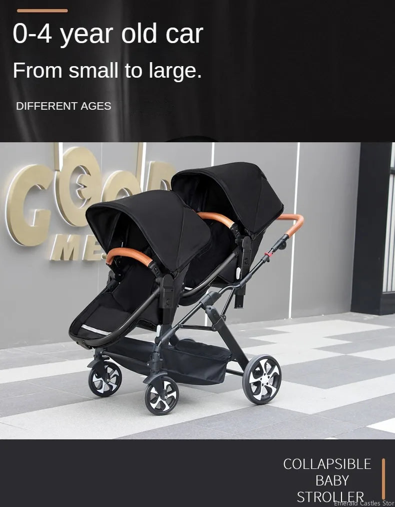 3-in-1-Zwillings-Kinderwagen mit Autositz für zwei Kinder, faltbar, stoßdämpfender Kinderwagen mit hoher Landschaft