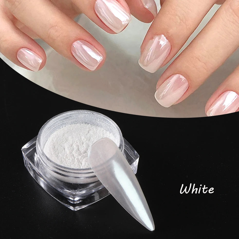 Moonlight Pearl White Nails Glitter Dust Chrome Aurora White Rubbing on Powder Shell Mirror Pigment Nail Art Supplies Dekoration