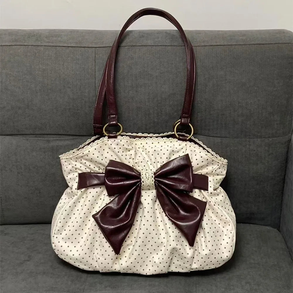 Trendy Vintage Damen Schleife Handtasche Ästhetische Dot Casual Chic Lady Schultertaschen Y2k All Match Ins Unterarmtasche Streetwear