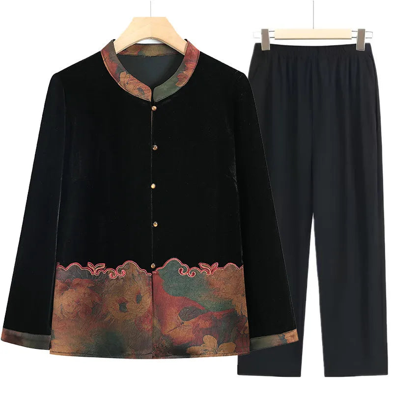 Samtjacke für ältere Frauen, Frühling/Herbst, Blumenmuster, Stehkragen, lange Ärmel, locker geschnittener Mantel für alte Großmütter