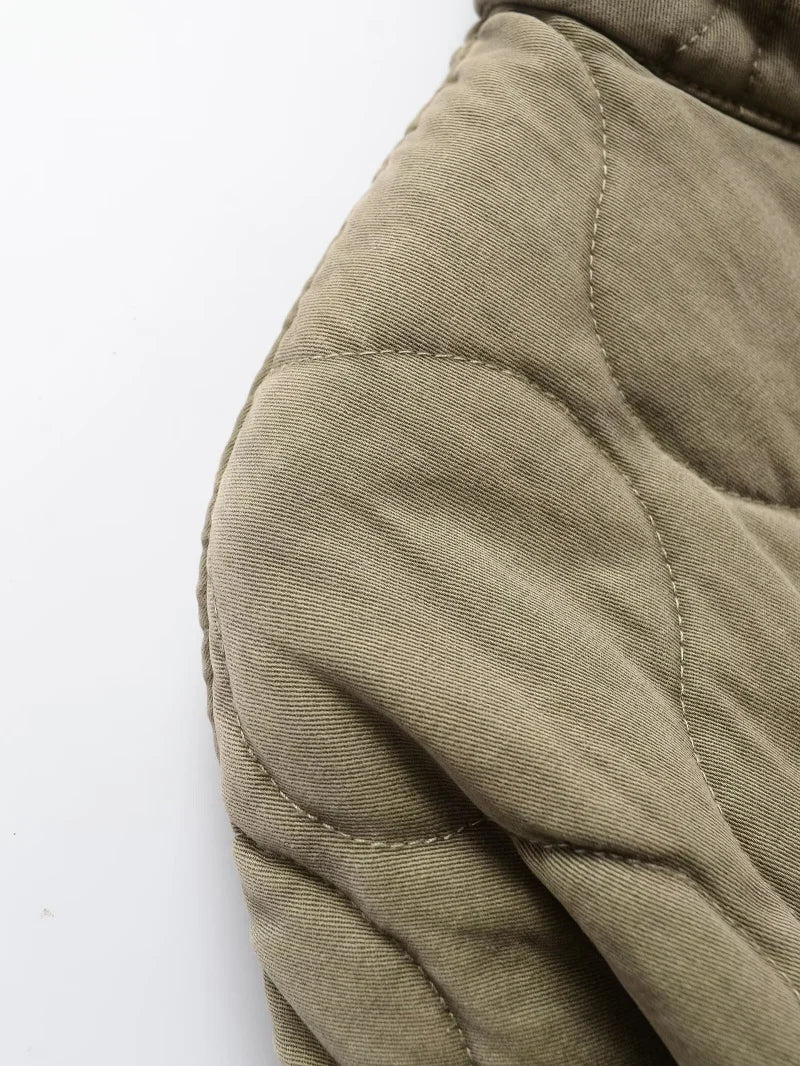 Damen Polyester Gefütterte Jacke 2026 Neuerscheinung Vintage Lenzing Rayon Hochkragen Große Tasche Dekorativer Gesteppter Mantel für Frauen