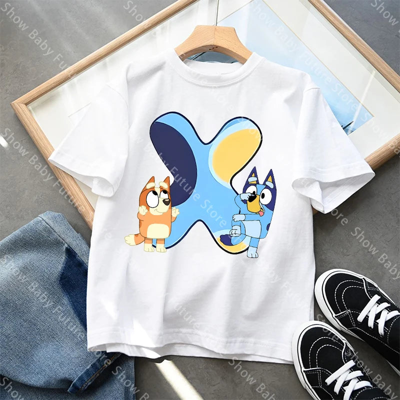 Blueys T-Shirt für Jungen und Mädchen, Cartoon-Buchstaben A-Z, Namenskleidung, Oberteile, Sommer, atmungsaktiv, niedliches Anime-Kurzarmshirt, neue Geburtstagsgeschenke