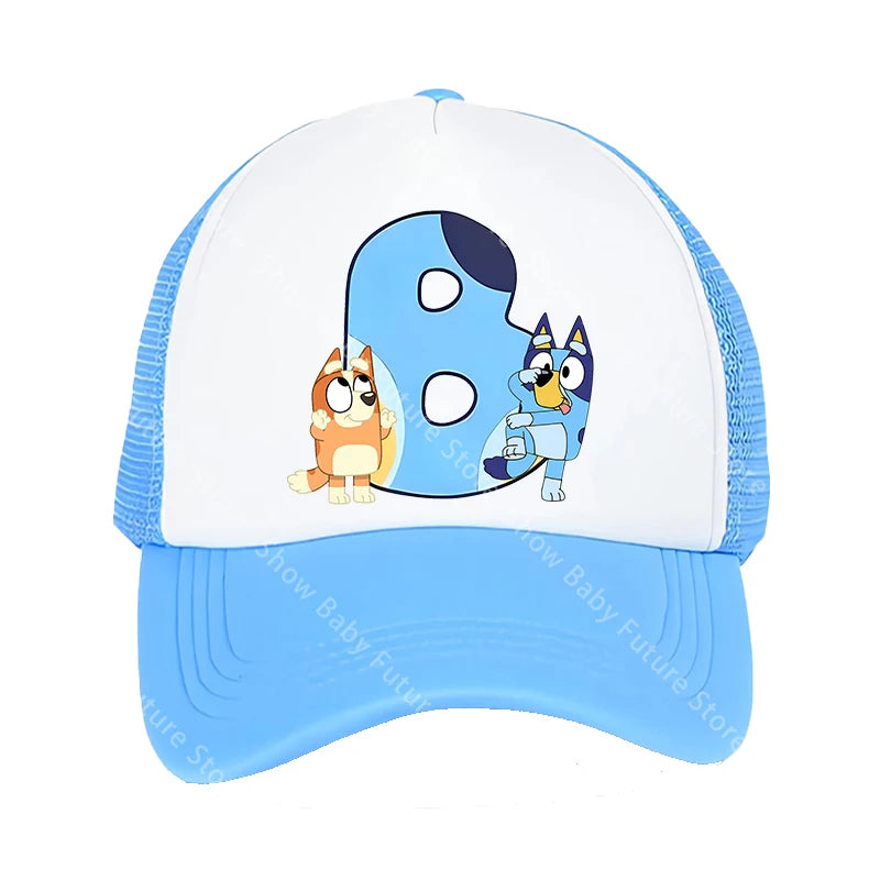 Blueys Baseballkappen für Erwachsene, Jungen und Mädchen, Kawaii-Buchstaben, zwei Größen, atmungsaktive Sport-Mesh-Mütze, niedlicher Cartoon-Anime-Sonnenhut, Geschenke