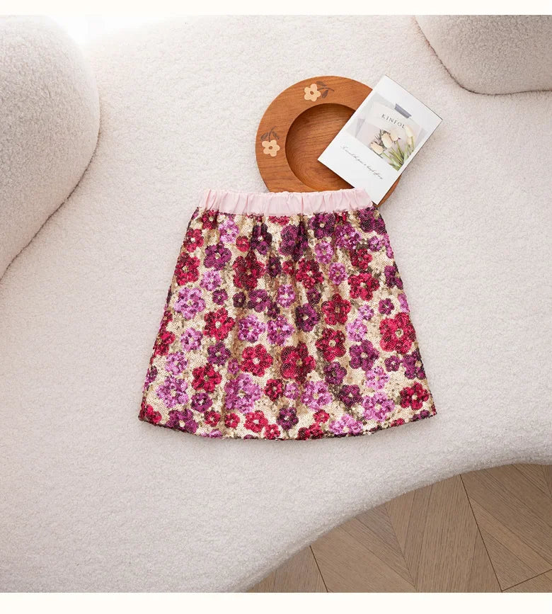 Mädchen Paillettenrock Blumenmode A-Linie Kurzer Rock für Kinder bestickt Elegante Prinzessin Herbst Winter Teen Kinder Kostüme