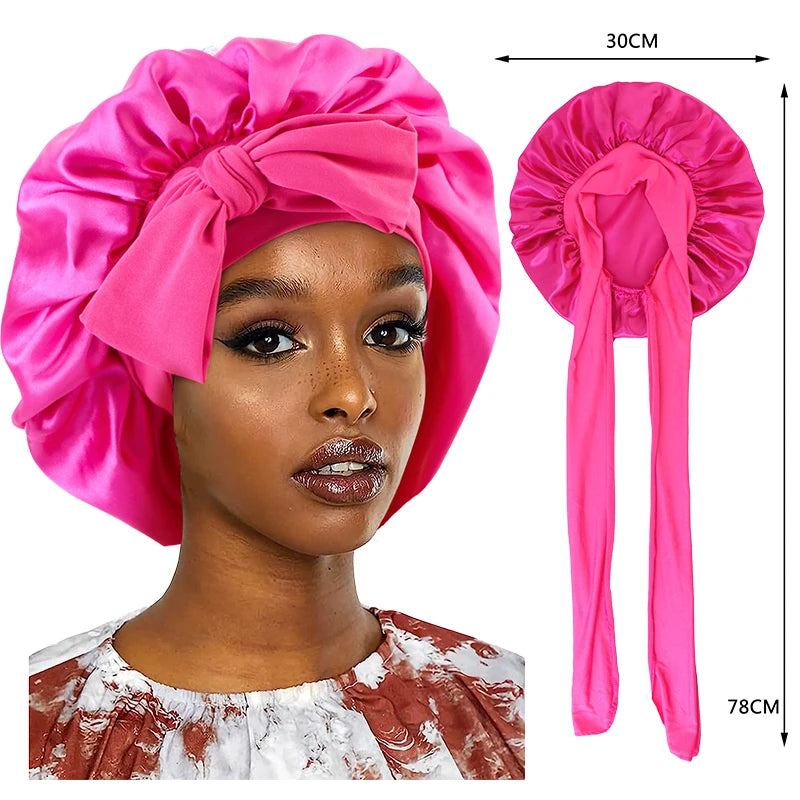 Neue Satin Schlafmütze Für Frauen Feste Breite Band Stretch Kopf Krawatte Seidige Motorhaube Rand Wrap Schlummertrunk Haarpflege Dusche Kopf Abdeckung