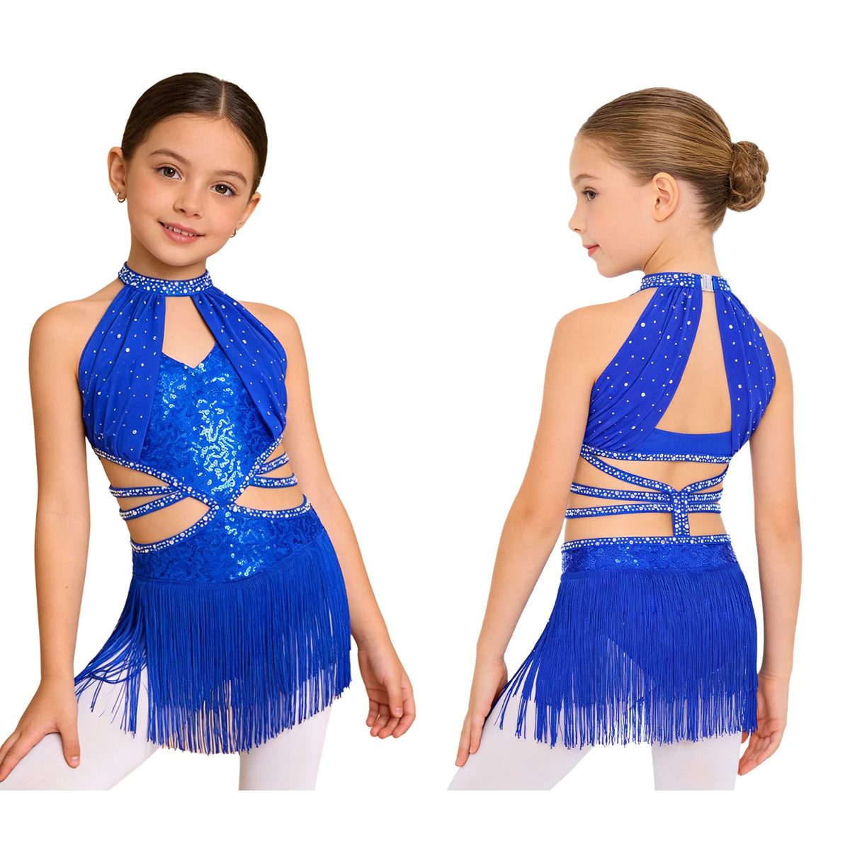 Glitzerndes Pailletten-Lateintanzkleid für Mädchen, Salsa, Jazz, Tango, ärmellos, gerüschtes Mesh-Overlay, Oberteil mit Quasten, Leotard-Kleid
