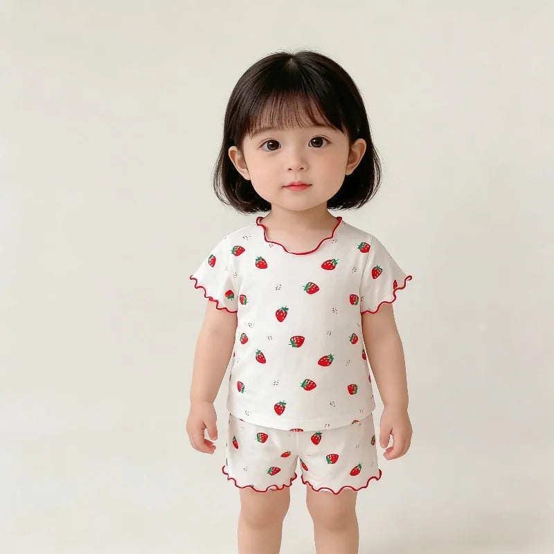 Erdbeer-Pyjama-Set für Babymädchen, Sommer, kurzärmelig, dünn, zweiteilig, Kleinkinder-Schlafanzug, Baby-Heimkleidung