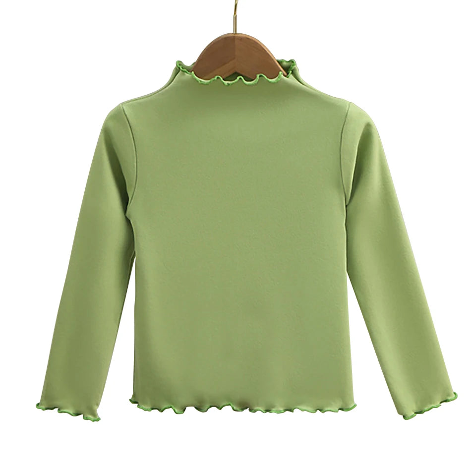 Herbst-Winter-Langarm-T-Shirt für Mädchen, einfarbig, mit Rüschenkragen, modisches, bequemes T-Shirt für den Alltag