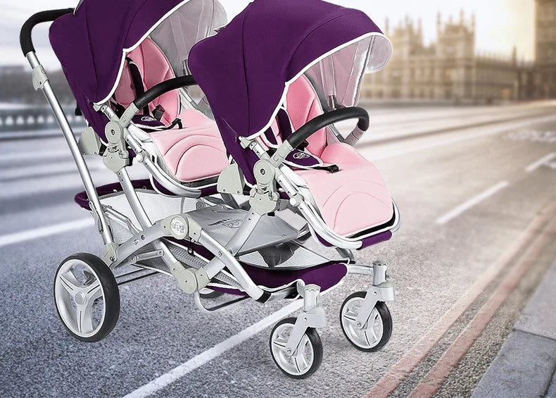 Faltbarer Zwillingskinderwagen, Doppelsitz-Kinderwagen für zwei Babys, stoßdämpfender Zwillingskinderwagen, multifunktional