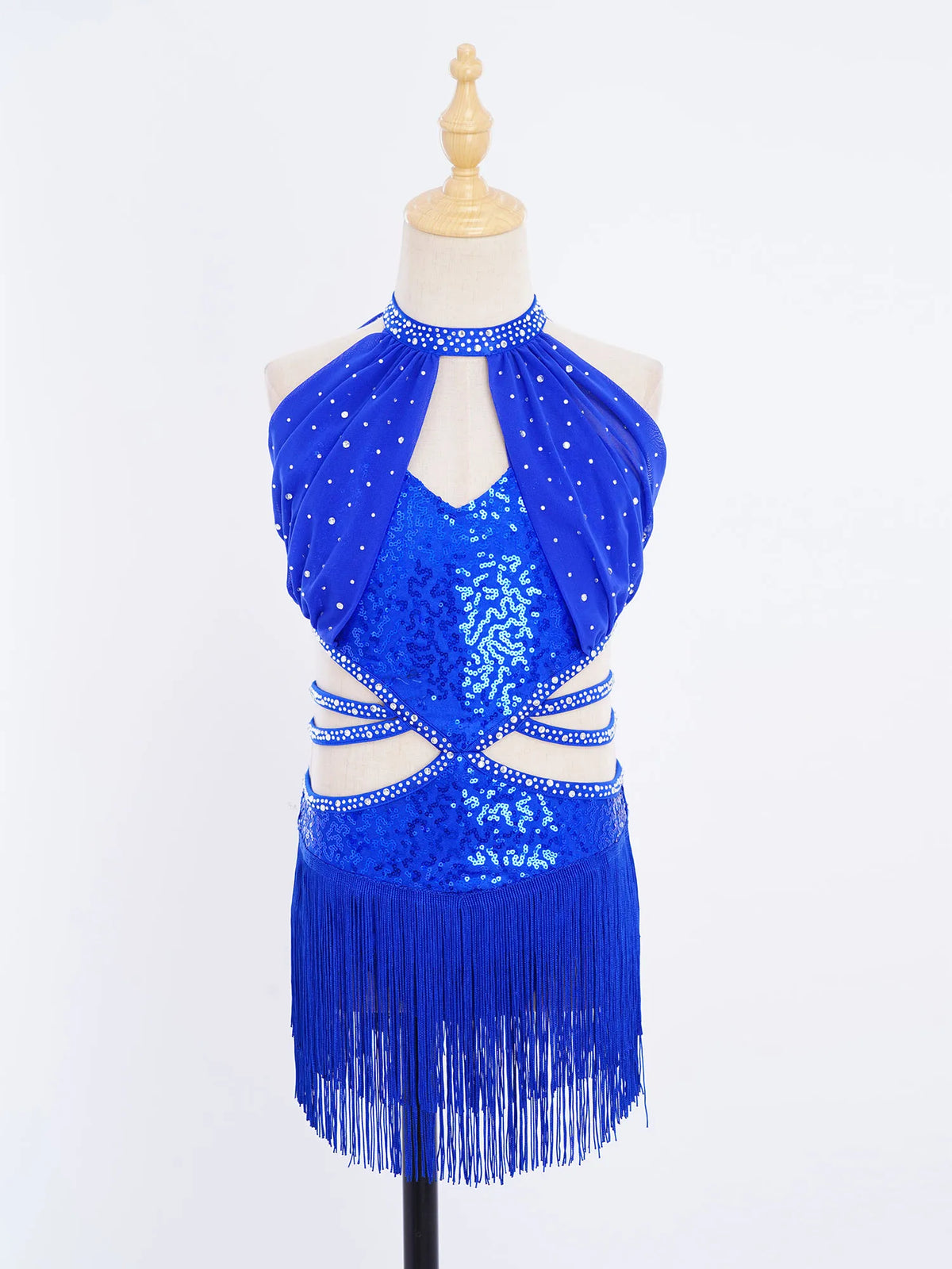Glitzerndes Pailletten-Lateintanzkleid für Mädchen, Salsa, Jazz, Tango, ärmellos, gerüschtes Mesh-Overlay, Oberteil mit Quasten, Leotard-Kleid