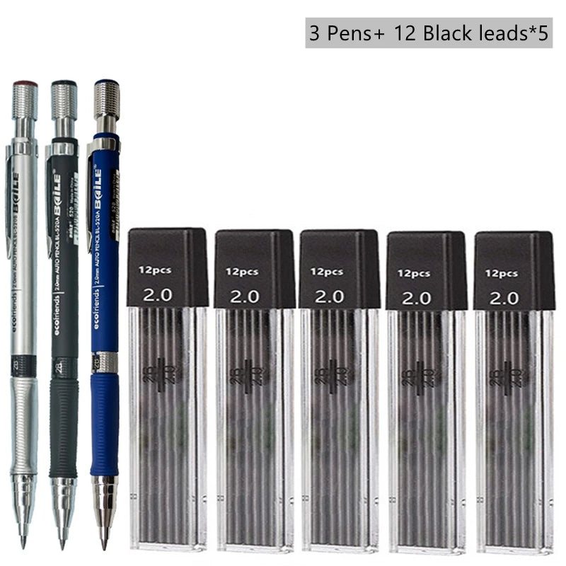 Druckbleistift-Set 2,0 mm mit 2B-Schwarz/Farben-Minenminen zum Schreiben, Skizzieren, Kunst, Zeichnen, Malen, Schule, automatischer Bleistift