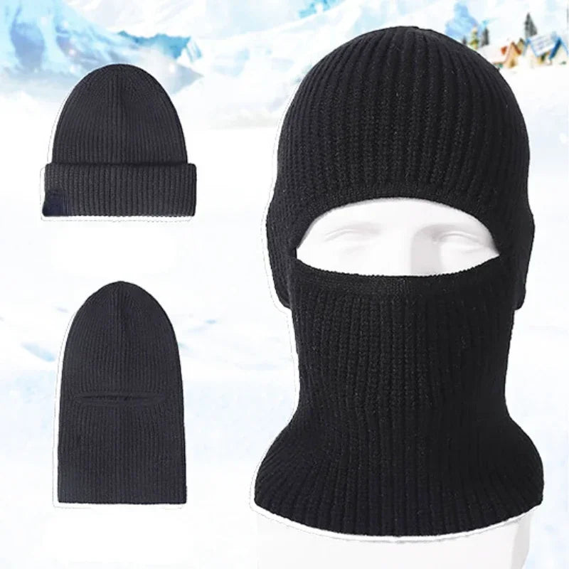 2-in-1 Winter-Maskenmütze Warme Strickmütze Winddichte Einfarbige Vollgesichts-Skimaske Taktische Fahrrad-Ohrenwärmer-Kappe