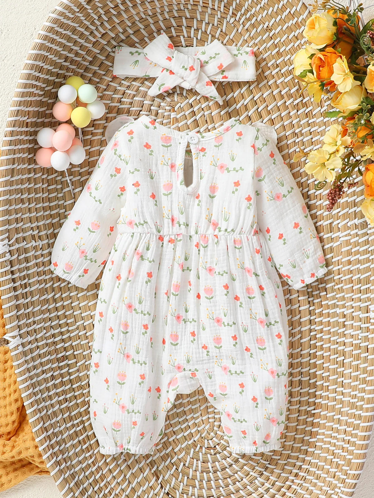 Baby-Mädchen-Overall für alle Jahreszeiten, langärmelig, mit Blumenmuster und Schleife, täglicher Overall für Neugeborene, 6 Monate Kleidung + Stirnband