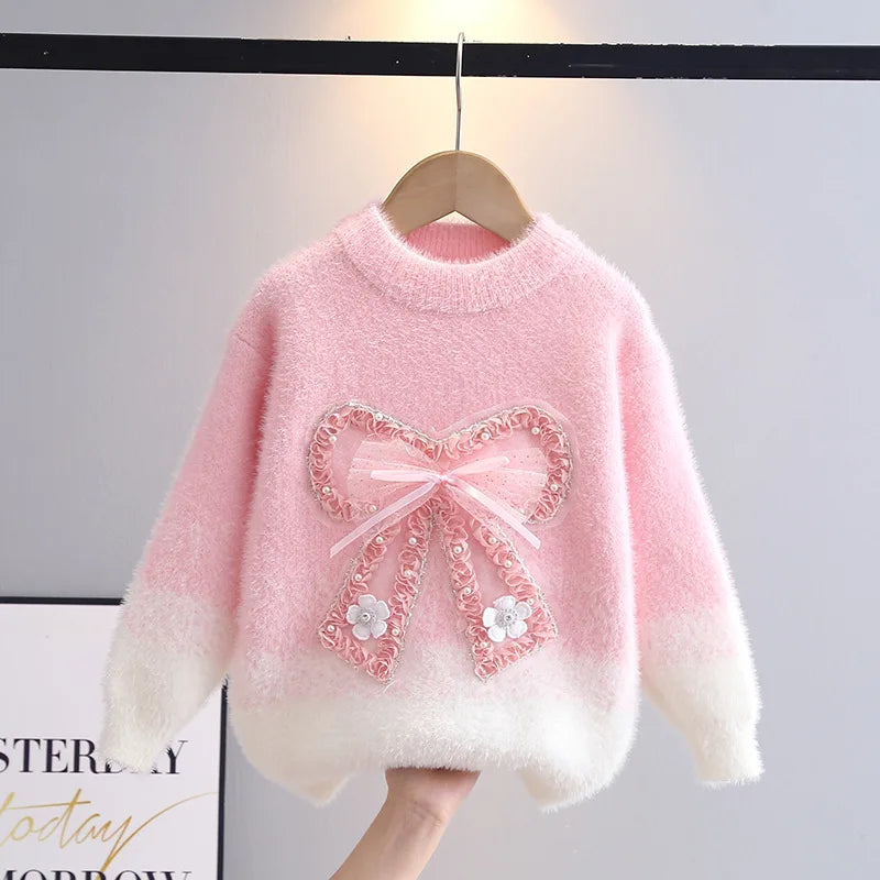 Herbst Winter Teenager Mädchen Pullover verdickt Kunst Nerz Pelz Kinder Strickpullover Junior Kinder 3D Fliege warme Basis Top Kleidung