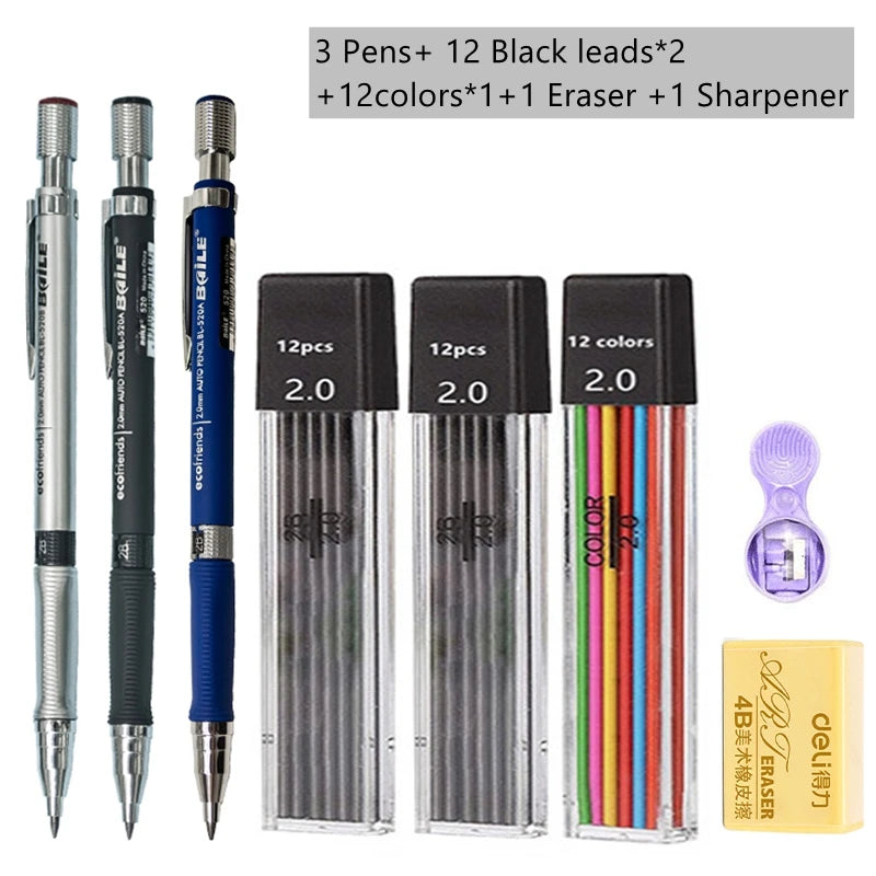 Druckbleistift-Set 2,0 mm mit 2B-Schwarz/Farben-Minenminen zum Schreiben, Skizzieren, Kunst, Zeichnen, Malen, Schule, automatischer Bleistift