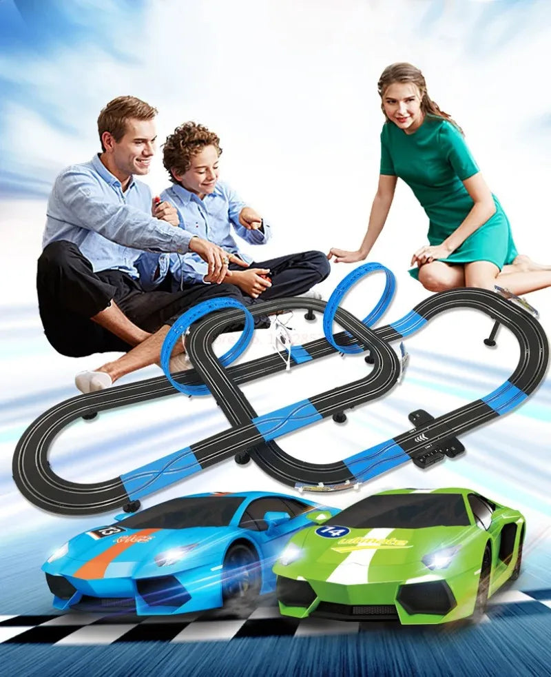 Sonic Storm Elektrische Eisenbahn Track Spielzeug Set Doppel Fernbedienung Auto Racing Track Autorama Schaltung Voiture Spielzeug Für Junge Kinder