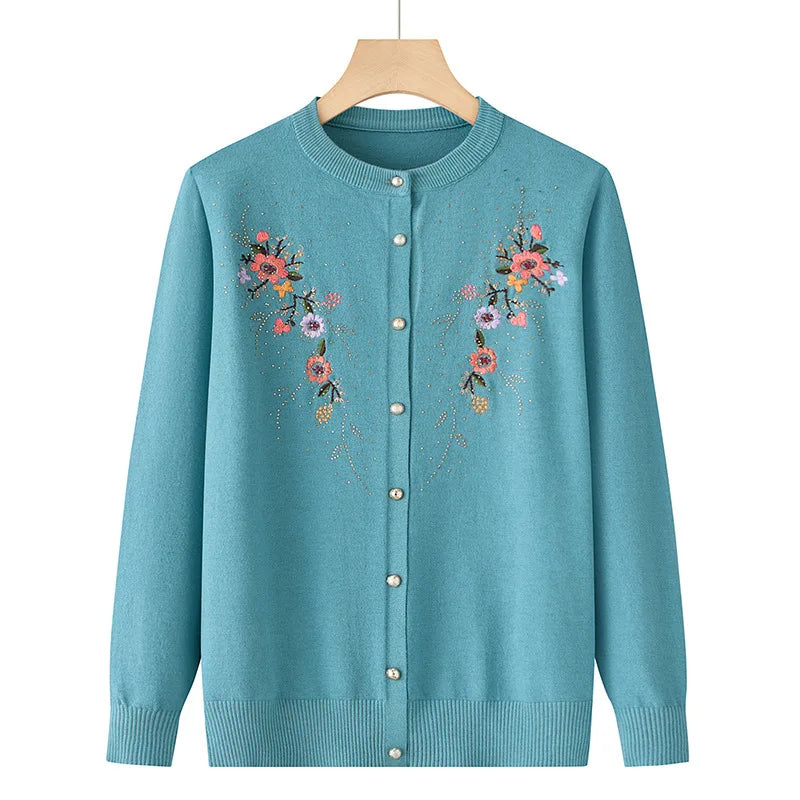 Mittleren Alters und ältere Frauen Stickerei Strickjacke Jacke einreiher schlanke Pullover Mantel dünne Frühling Oma Kleidung