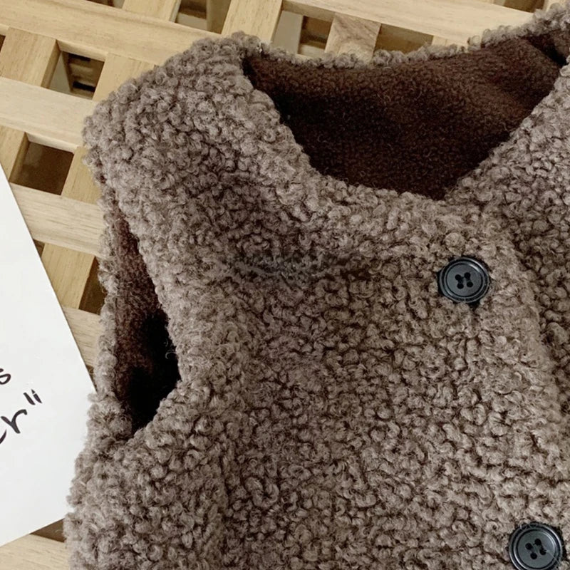 Neue Baby Lamm Wolle Plus Samt Weste Herbst Winter Mädchen Jungen Plüsch Weste Einreiher V-ausschnitt Kind Warme Mode Warme Mantel