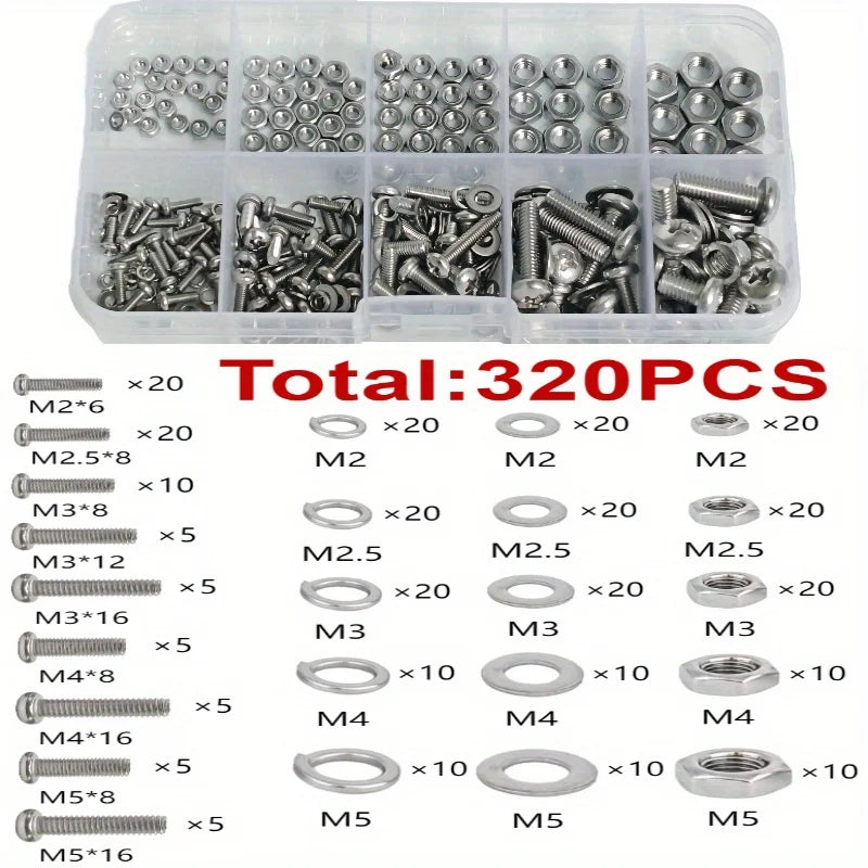 Hex Nut and Bolt Set - 320pcs/120pcs, Durable Metric Sizes M2 - M5, Universal Hardware Kit for DIY Projects and Repairs.