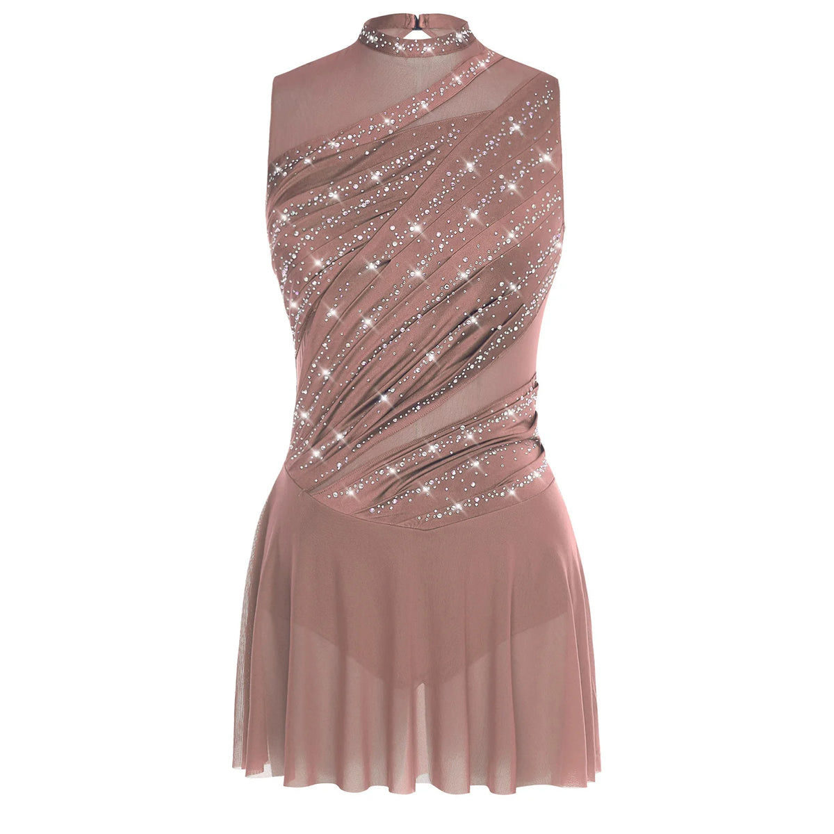 Damen-Ballettkleid mit Rüschen, lyrisches Tanzkleid, runder Kragen, ärmellos, Strass, rückenfrei, für Bühnenauftritte, Wettbewerb