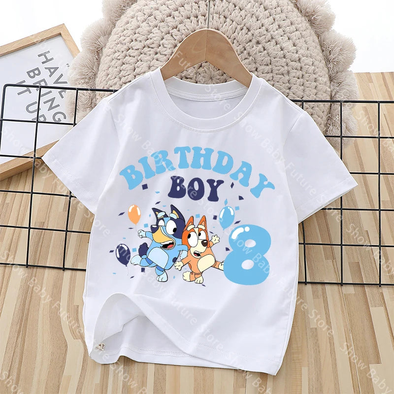 Cartoon Blueys Es ist mein Geburtstag Nummer 1-9 T-Shirt für Jungen Mädchen Sommer Kawaii Baumwollkleidung Oberteile Anime Kurzarm Süßes Geschenk