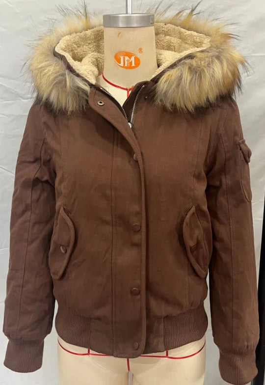 Braune Damen Slim Fit Vintage Pelzkragen Jacke Reißverschluss Kpop Y2K High Street Chic Oberbekleidung für Frauen Teenager, Herbst Winter Geschenk