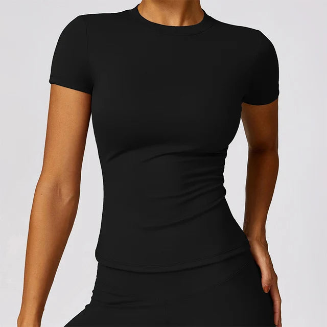 Damen-Sport-T-Shirt, Sommer, kurzärmelig, Laufen, Rundhalsausschnitt, atmungsaktiv, dehnbar, Fitnessstudio, Yoga, schlank, Fitness, aktives Top-T-Shirt