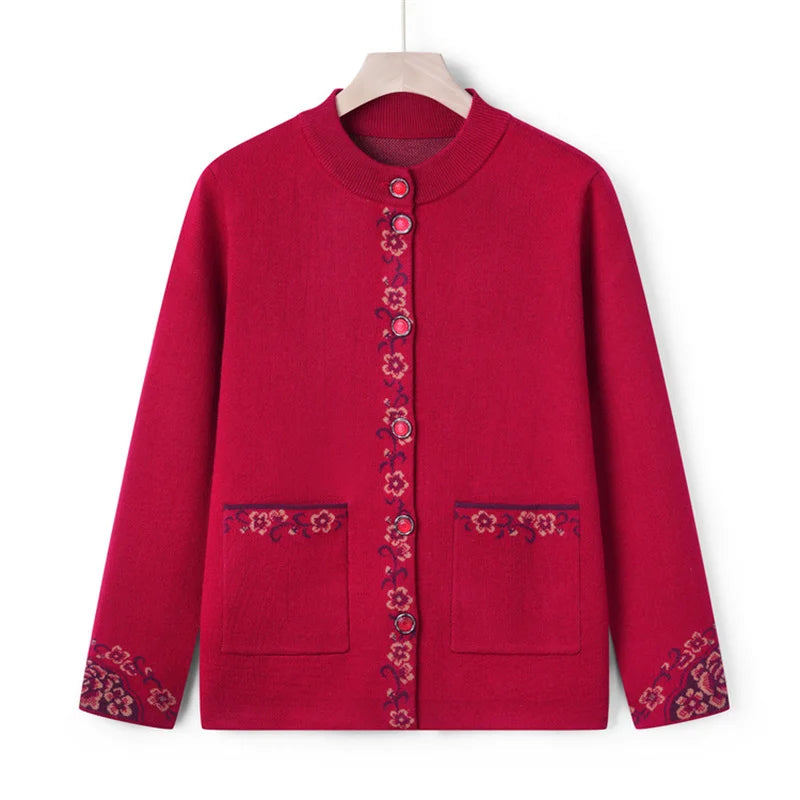 Knöpfe Langarm Mutter mittleren Alters verdicken Strickjacke Pullover Top Oma Wolle Strick mantel Herbst Winter Damen bekleidung