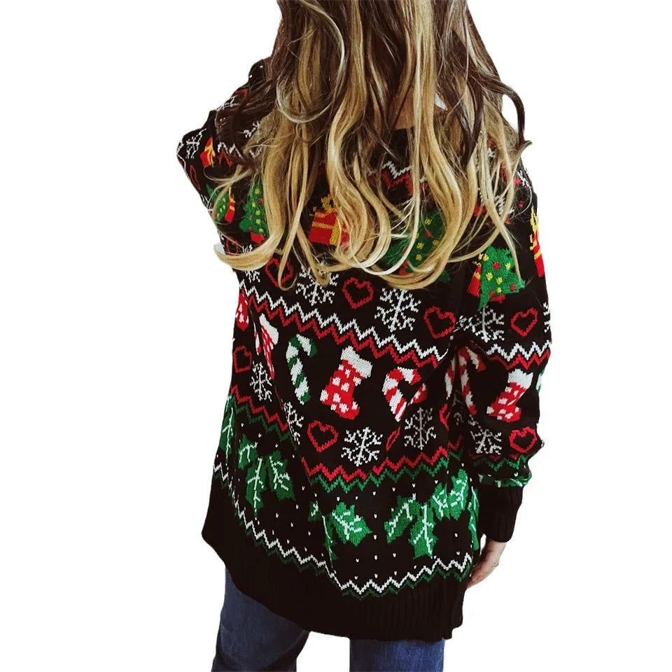 Frauen Herbst Modus 2025 Weihnachten Themed Gedruckt Strickjacke Mit Knöpfen V-ausschnitt Mit Langen ärmeln Pullover Strickjacke Mujer Abbigliamento Donna