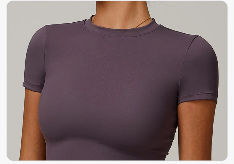 Damen-Sport-T-Shirt, Sommer, kurzärmelig, Laufen, Rundhalsausschnitt, atmungsaktiv, dehnbar, Fitnessstudio, Yoga, schlank, Fitness, aktives Top-T-Shirt