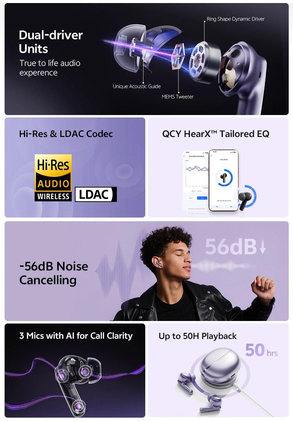 QCY MeloBuds N70 Adaptive ANC Wireless Earbuds Bluetooth 6.0 LDAC Hi-Res Audio 6 Mikrofone Wireless Charging Kopfhörer 50 Stunden IPX5