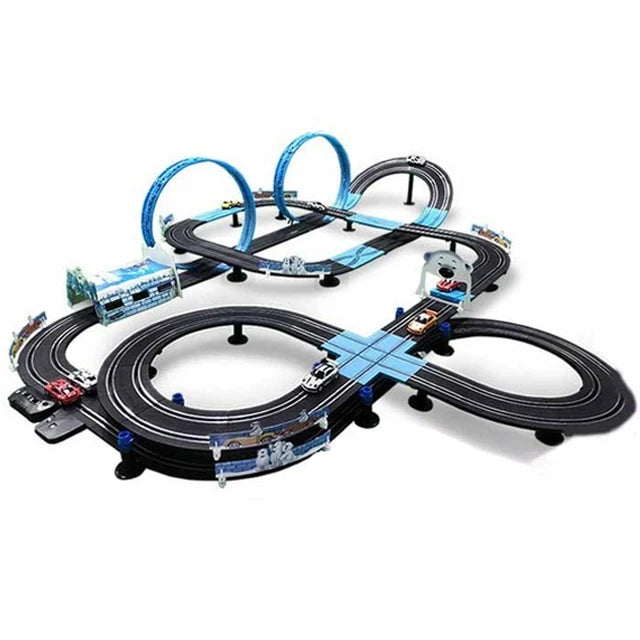 Sonic Storm Elektrische Eisenbahn Track Spielzeug Set Doppel Fernbedienung Auto Racing Track Autorama Schaltung Voiture Spielzeug Für Junge Kinder