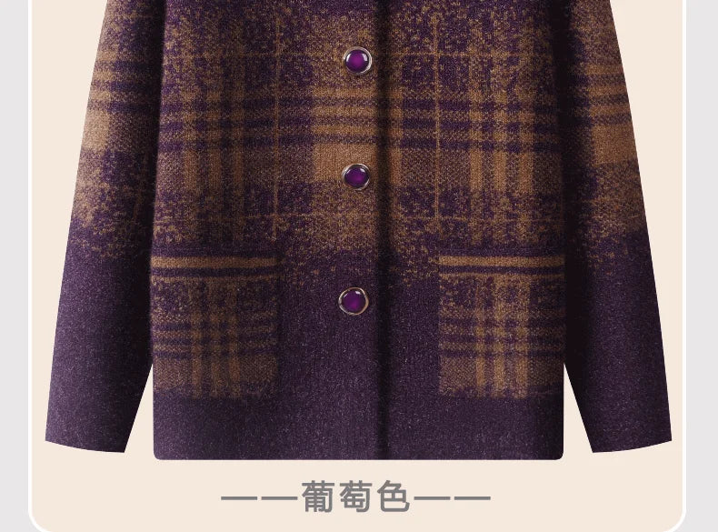 Strickjacke für Ältere Frauen mit Umlegekragen, Karomuster, Dick, Warm, mit Knöpfen, Wintermantel für Mütter und Großmütter