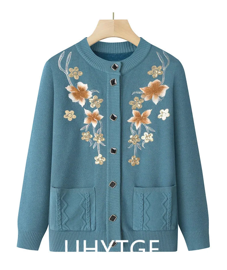 Herbst Winter warme Pullover Jacke Damen Print mittleren Alters Mutter Strickjacke Oma plus Samt Strickjacke Mantel weiblich 2915