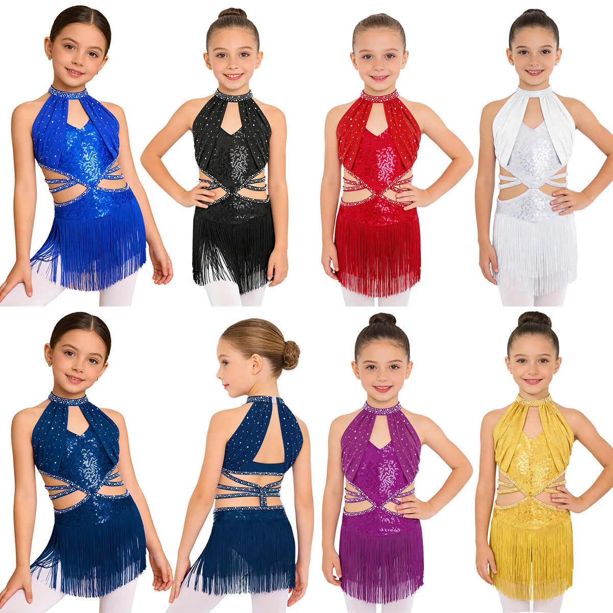Glitzerndes Pailletten-Lateintanzkleid für Mädchen, Salsa, Jazz, Tango, ärmellos, gerüschtes Mesh-Overlay, Oberteil mit Quasten, Leotard-Kleid