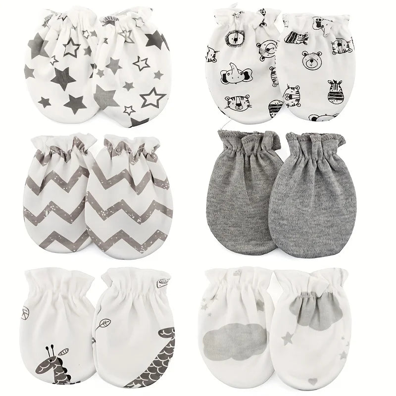 6 Paare/los Neugeborenen Handschuhe Cartoon Drucke Baby Jungen Mädchen Fäustlinge Neue Geboren Gesichtsschutz Fäustling Babys Dusche Geschenk 100 % Baumwolle