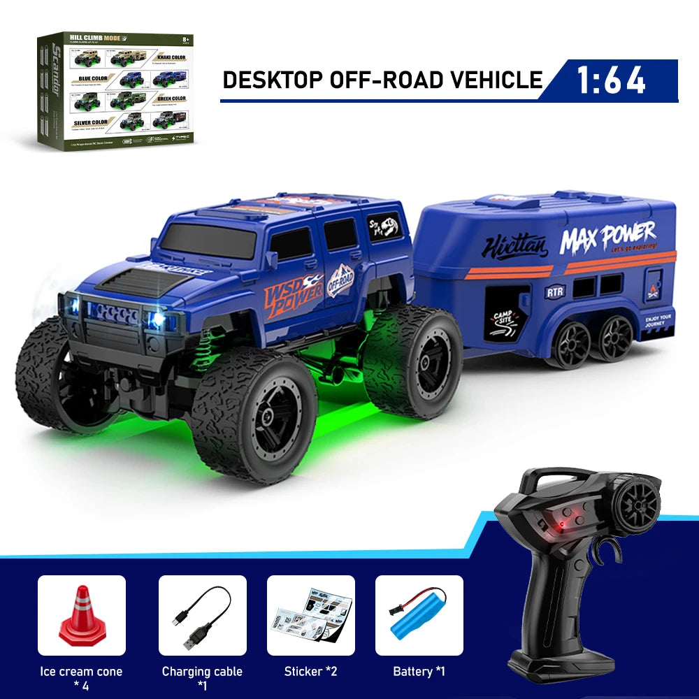 1:64 ferngesteuertes Geländewagen, 2,4 G Mini-Desktop-Fernbedienung, Spielzeugauto mit Abschleppkasten, Weihnachtsgeschenk für Kinder