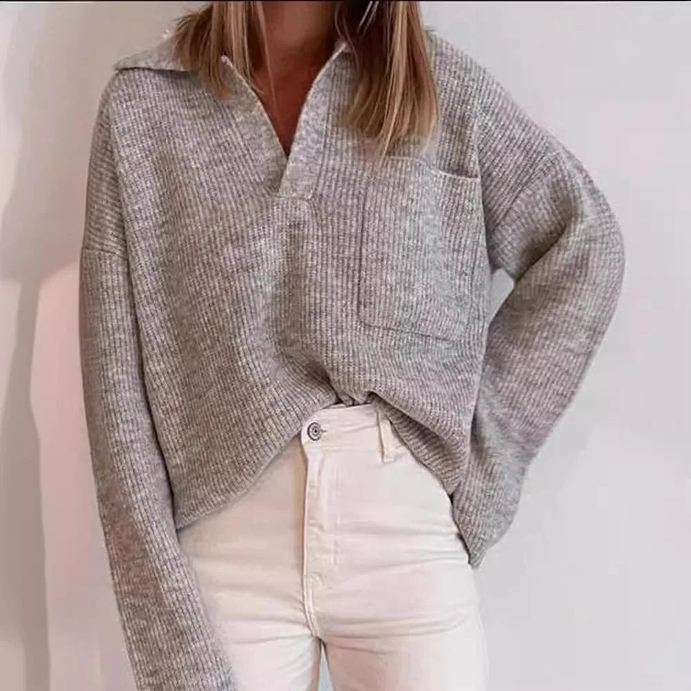 Neue Herbst Modus 2025 Pull Femme Einfarbig Tasche Stricken Lose Revers Büro Pendler Pullover Pullover Trikots Mujer Talla Grande