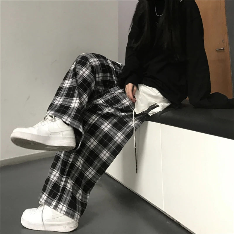 Oversize Frauen Jogginghose Mode Schwarz Plaid Casual Hosen Baggy Elastische Taille Taschen Student Unisex Hip Hop Lose Hosen