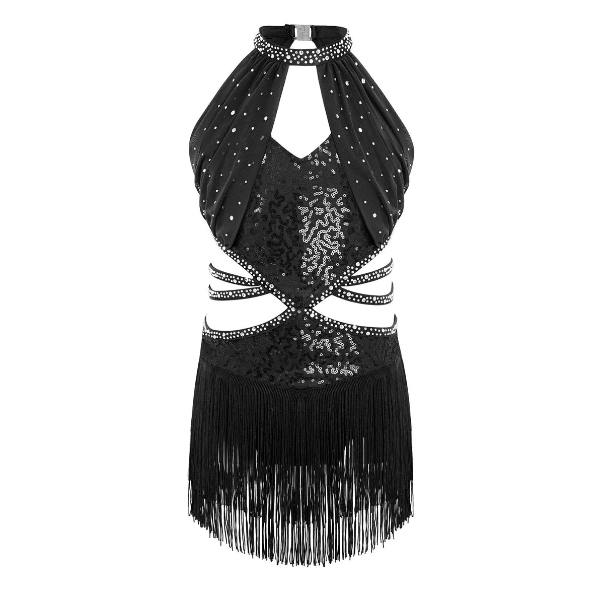 Glitzerndes Pailletten-Lateintanzkleid für Mädchen, Salsa, Jazz, Tango, ärmellos, gerüschtes Mesh-Overlay, Oberteil mit Quasten, Leotard-Kleid