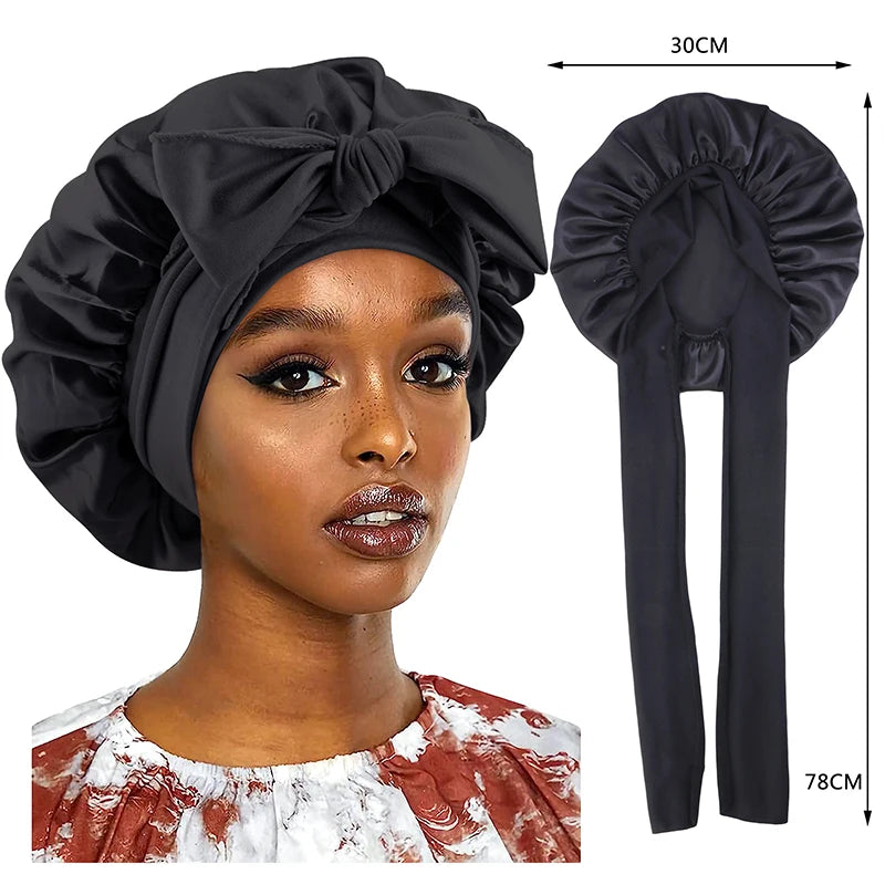 Neue Satin Schlafmütze Für Frauen Feste Breite Band Stretch Kopf Krawatte Seidige Motorhaube Rand Wrap Schlummertrunk Haarpflege Dusche Kopf Abdeckung