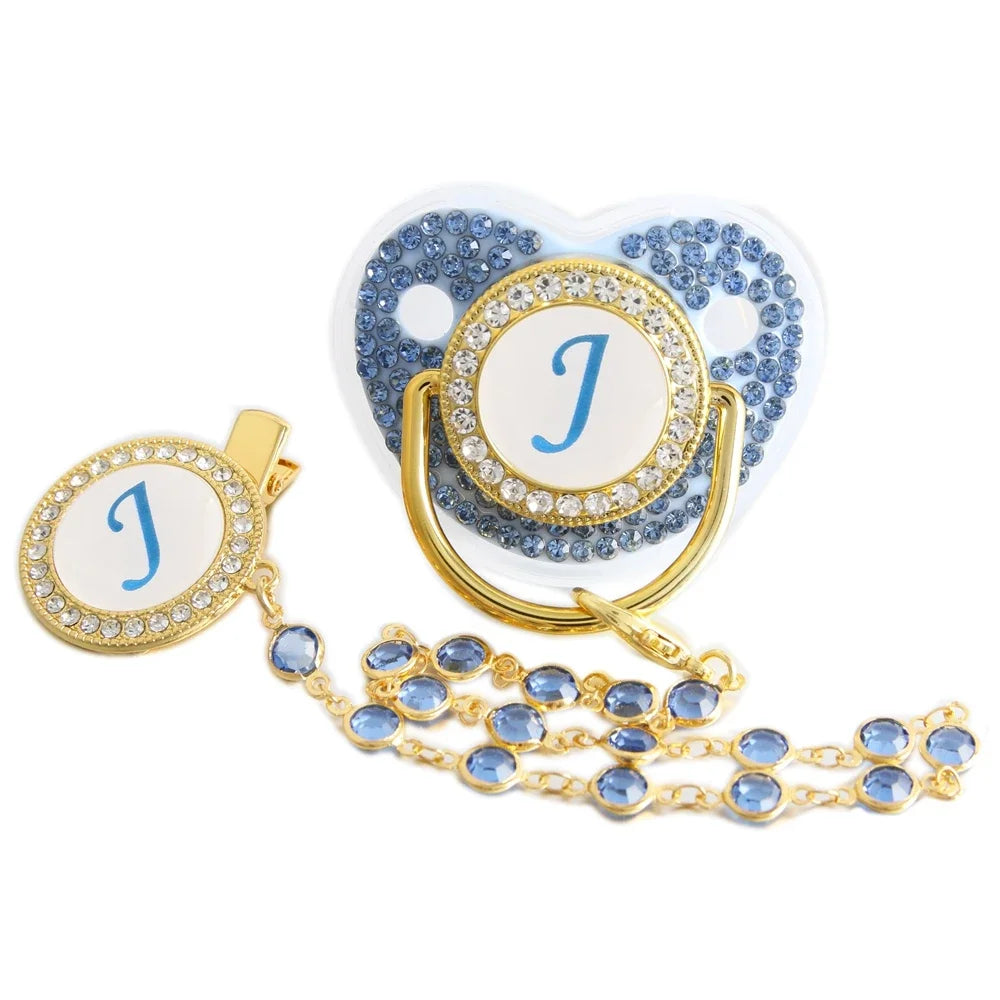 Schnuller mit 26 Buchstaben, blauer Baby-Schnuller mit Perlenkette, Edelstein-Clip/Beißring-Spielzeug