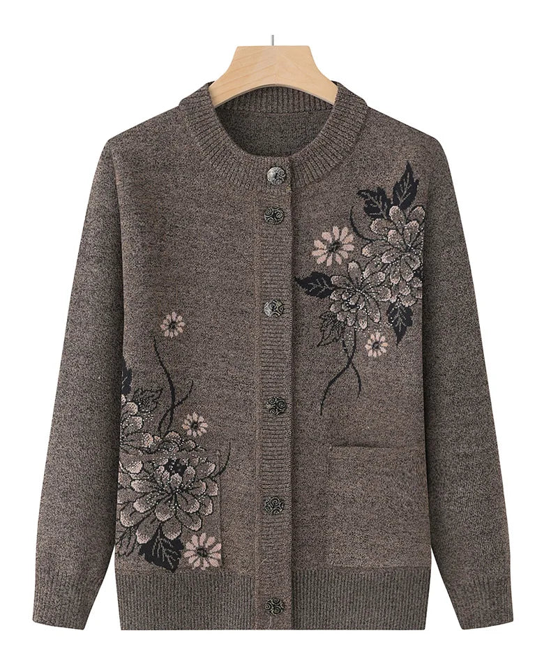 Koreanische frauen Kleidung Neue Stricken Woolen Gedruckt Strickjacke Mantel Mittleren Alters Mutter Strickwaren Tops Vintage Oma Pullover Jacke