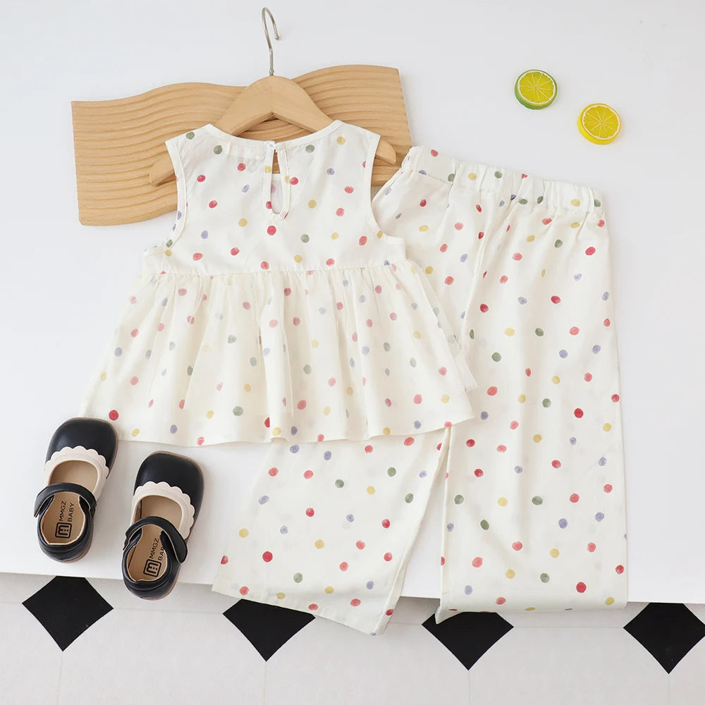 Bear Leader Baby-Mädchen-Freizeitkleidung, Rundhalsausschnitt, ärmelloses Polka-Dot-Oberteil + Hose mit weitem Bein, 2-teiliges Set mit Schleife und Knopf