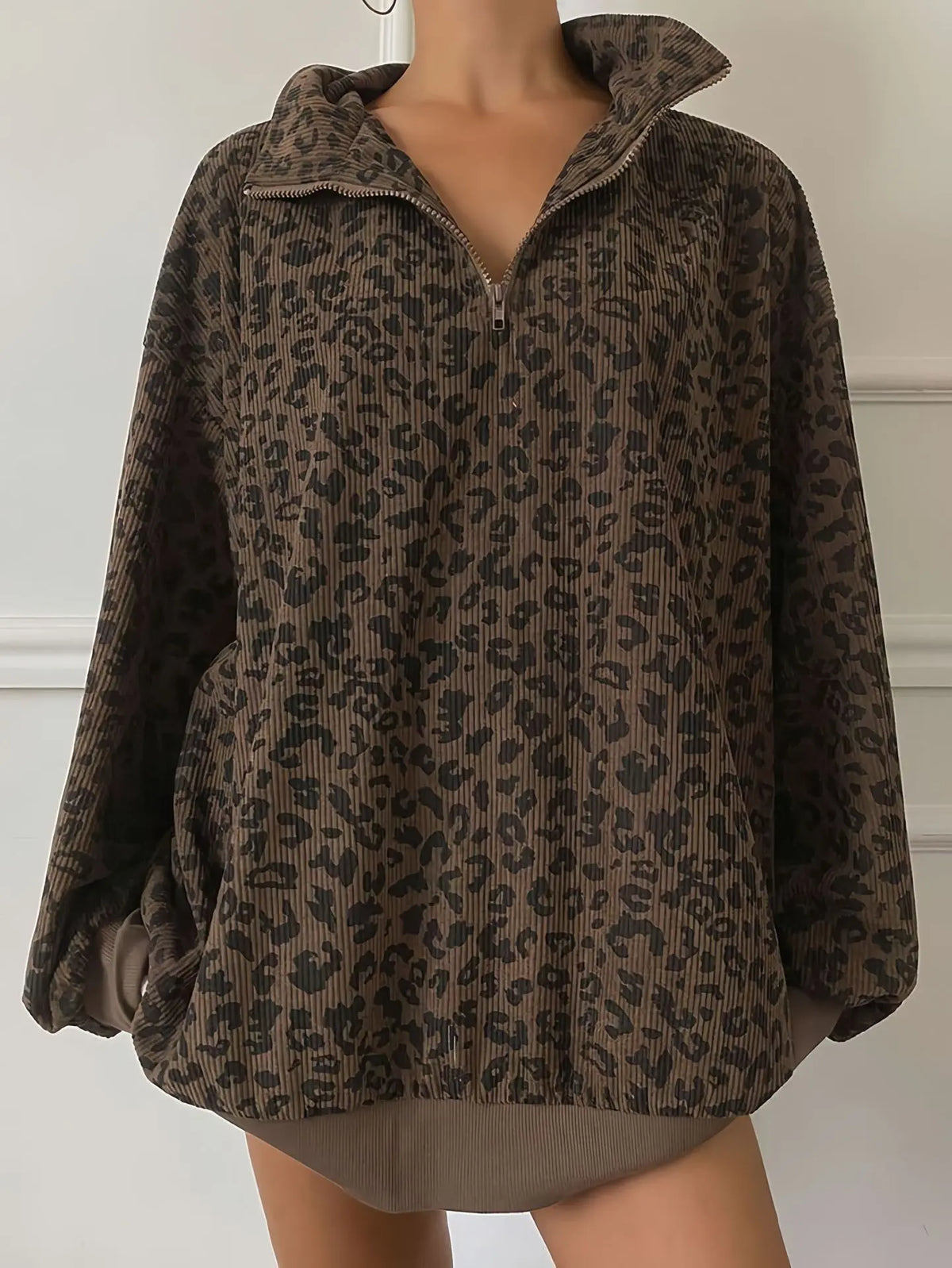 Damen Stehkragen Leopardenmuster Half Zip Mode Pullover Langarm Sweatshirt Herbst Winter Sudaderas Herbst Pullover Damen