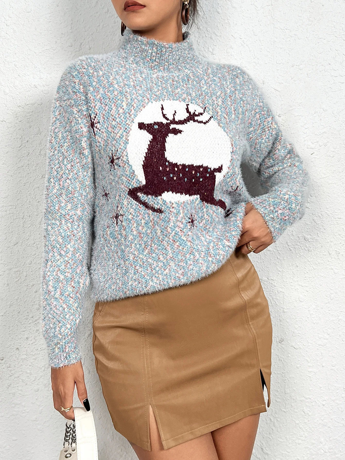 Vintage Herbst Mode Damen Mittelhoher Halsausschnitt Elch Weihnachtsmode Druck Pullover Langarmpullover О гроут Tinggi فسات فщин