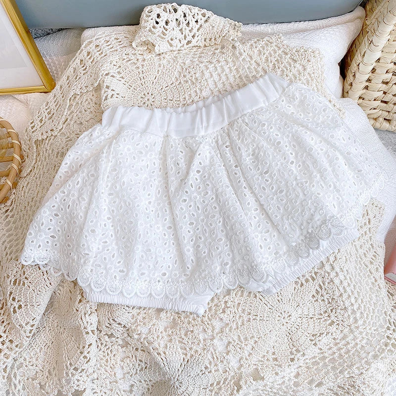 Mädchen 2024 Sommer Kleidung Sets Hohl Spitze Anzug Baby Casual Ärmelloses T-shirt + Shorts Kinder Kleidung Sets Baby Kleidung outfits
