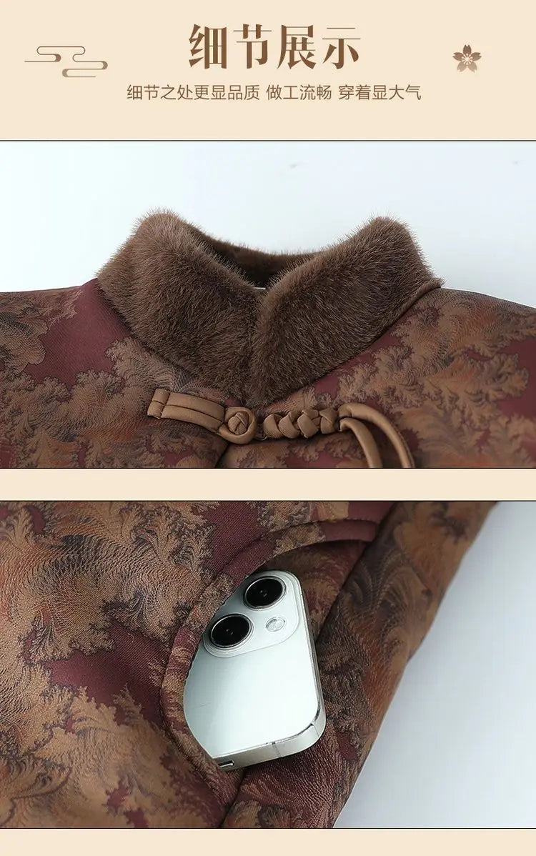 Damenmantel im chinesischen Stil mit Blumenmuster, gefüttert mit Fleece, aus Baumwolle, dicker Wintermantel, Tang-Anzugjacke für ältere Damen, Mütter und Großmütter.